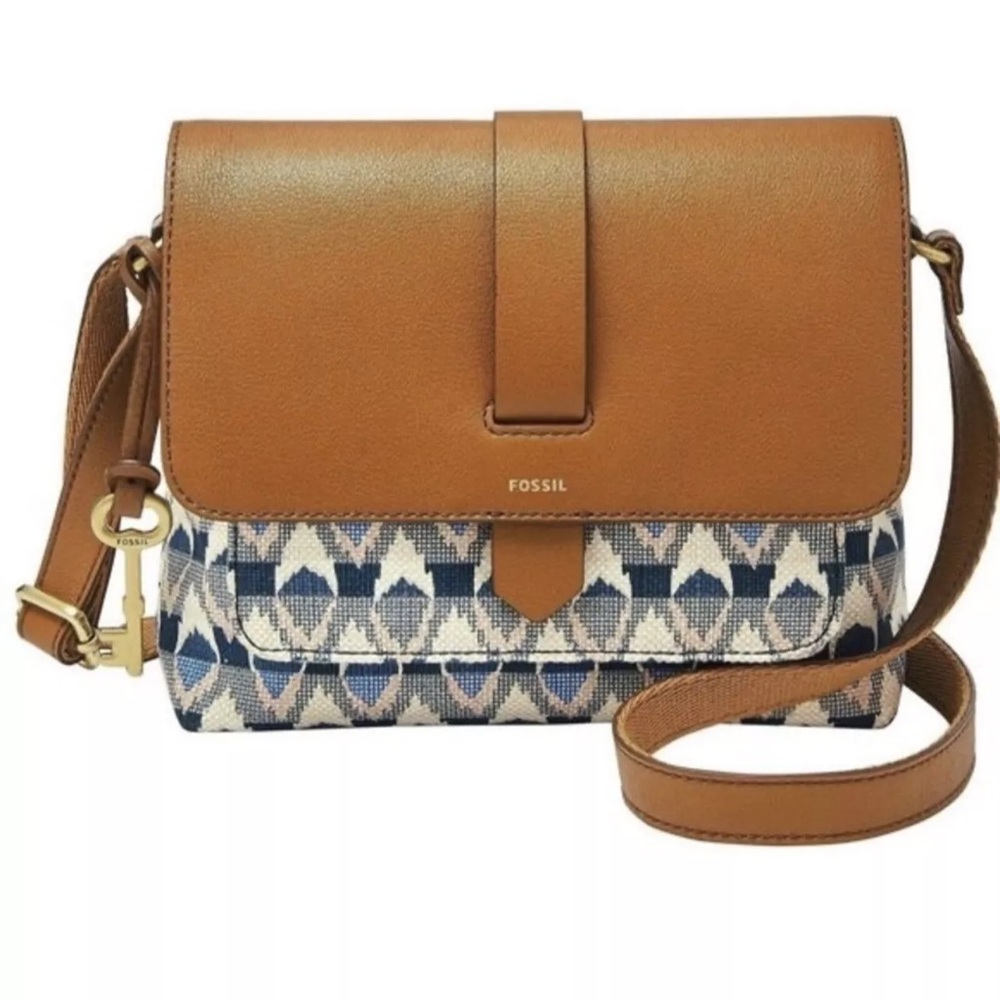 FOSSIL  Kinley Small Leather Crossbody Bag White + Blue Brown Flap (As Is)